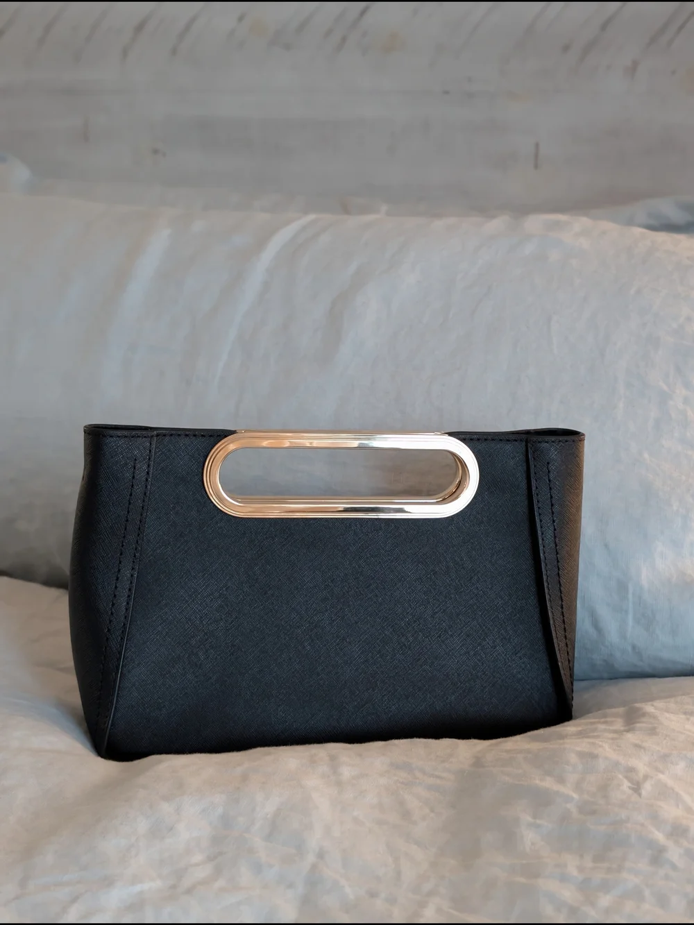 Michael Kors Black Structured Evening Bag Gold Hardware No Strap Leather